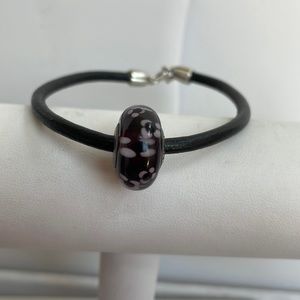 Pandora Black Leather Purple Murano Glass Bead Bracelet